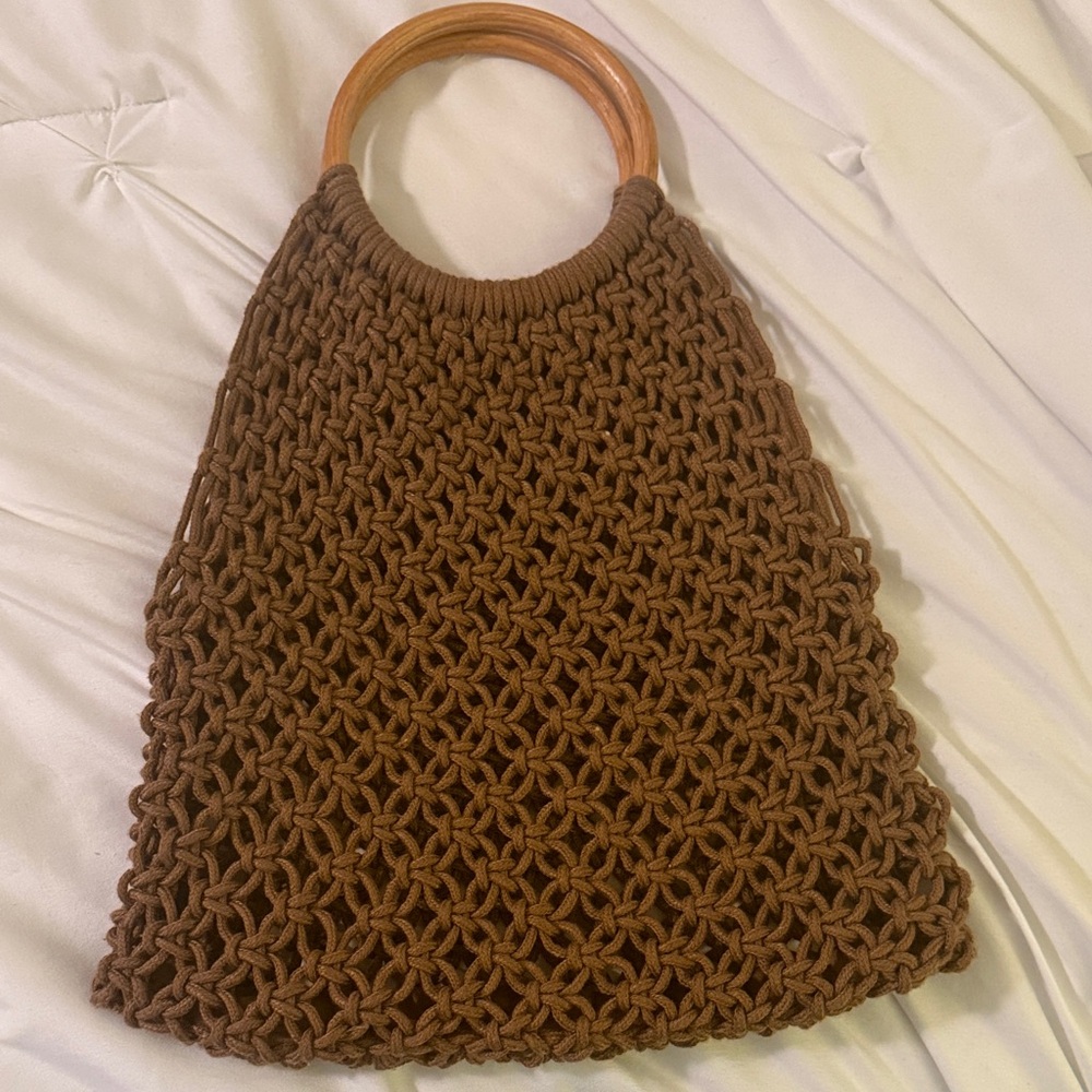 Brown Woven Handbag with Wooden Handles